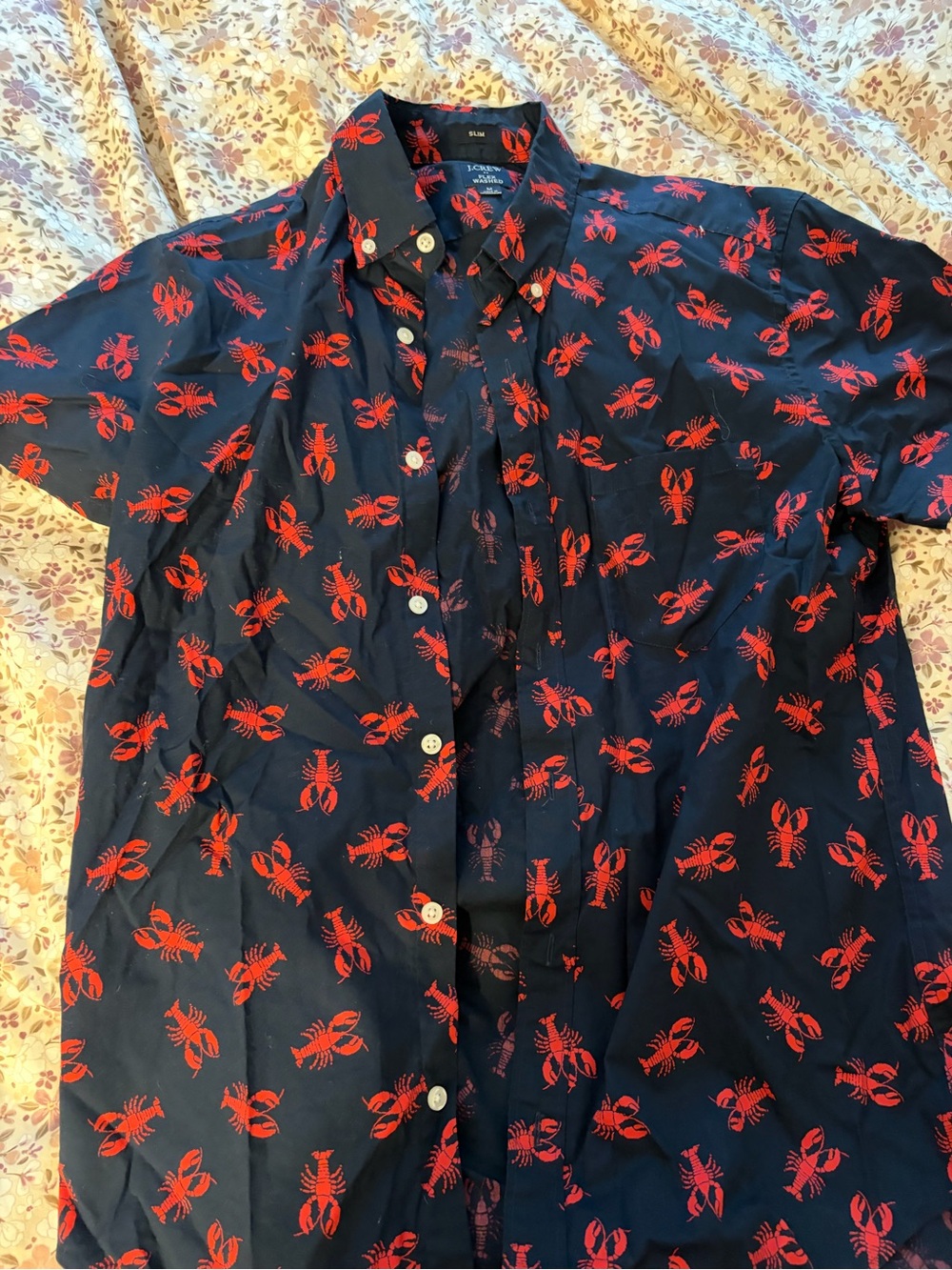 Men's JCrew Navy Short-Sleeve Button-Up Shirt with Red Lobster Print